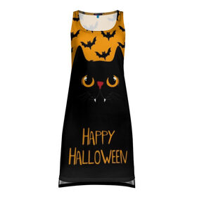 Платье-майка 3D с принтом Happy Halloween в городе Новоалтайск, 100% полиэстер | полуприлегающий силуэт, широкие бретели, круглый вырез горловины, удлиненный подол сзади. | autumn | bat | black | cat | eyes | fangs | halloween | holiday | horror | horrors | mouse | yellow | глаза | желтый | жуть | клыки | кот | летучая | мышь | осень | праздник | ужасы | хэллоуин | черный