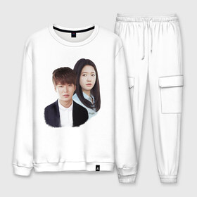 Мужской костюм хлопок с принтом Kim Tan and Cha Eun Sang в городе Новоалтайск, 100% хлопок | на свитшоте круглая горловина, мягкая резинка по низу. Брюки заужены к низу, на них два вида карманов: два “обычных” по бокам и два объемных, с клапанами, расположенные ниже линии бедра. Брюки с мягкой трикотажной резинкой на поясе и по низу штанин. В поясе для дополнительного комфорта — широкие завязки | Тематика изображения на принте: cha eun sang | kim tan | lee min ho | park shin hye | the heirs | ким тан | ли мин хо | наследники | пак шин хе | чха ын сан