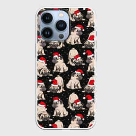 Чехол для iPhone 13 Pro с принтом Новогодние мопсы в городе Новоалтайск,  |  | Тематика изображения на принте: black | christmas | cute | dog | funny | hat | new year | pug | puppy | red | snow | white | winter | белый | зима | красный | мило | мопс | новогодний | новый год | пёс | прикольно | рождество | снег | собака | собакен | чёрный | шапка | щенок