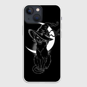 Чехол для iPhone 13 mini с принтом Кошка колдунья в городе Новоалтайск,  |  | Тематика изображения на принте: black | cat | cl | crescent | fangs | halloween | hat | holiday | hunter | kitty | magic | month | moon | mystic | night | predator | white | witch | белый | ведьма | киса | клыки | когти | колдовство | кот | котэ | кошка | луна | магия | месяц | мистика 