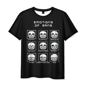 Мужская футболка 3D с принтом Emotions of sans в городе Новоалтайск, 100% полиэфир | прямой крой, круглый вырез горловины, длина до линии бедер | alphys | animation | asriel | comic dub | comic dubs | deltarune | gaming | toriel | undertale | андертеил | история | подземная | фриск | чай тв | чара