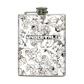 Фляга с принтом UNDERTALE в городе Новоалтайск, металлический корпус | емкость 0,22 л, размер 125 х 94 мм. Виниловая наклейка запечатывается полностью | Тематика изображения на принте: frisk | game | good jokes | sans | undertale | андертал | андертейл | асгор | дримур | дримурр | игра | игры | кости | логотип | надпись | папирус | паттерн | подземелье | санс | сердечко | сердце | стрим | ториэль | ужас