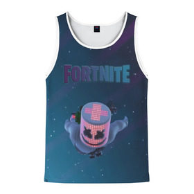 Мужская майка 3D с принтом Fortnite x Marshmello (Smail). в городе Новоалтайск, 100% полиэстер | круглая горловина, приталенный силуэт, длина до линии бедра. Пройма и горловина окантованы тонкой бейкой | 3d | fortnite | marshmello | smail | абстракция | дизайн | звезды | игра | искусство | космос | маршмеллоу | надпись | смайл | стиль | текстура | эмблема