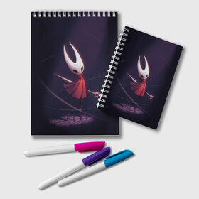 Блокнот с принтом Hollow Knight в городе Новоалтайск, 100% бумага | 48 листов, плотность листов — 60 г/м2, плотность картонной обложки — 250 г/м2. Листы скреплены удобной пружинной спиралью. Цвет линий — светло-серый
 | Тематика изображения на принте: hollow knight | детская | для детей | игра | компьютерная игра | королевство | рыцарь | темный рыцарь | холлов кнайт | экшен