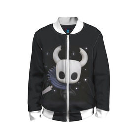 Детский бомбер 3D с принтом Hollow Knight в городе Новоалтайск, 100% полиэстер | застегивается на молнию, по бокам два кармана без застежек, мягкие манжеты, по низу бомбера и на воротнике — эластичная резинка | Тематика изображения на принте: hollow knight | детская | для детей | игра | компьютерная игра | королевство | рыцарь | темный рыцарь | холлов кнайт | экшен