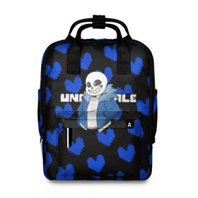 Женский рюкзак 3D с принтом Undertale. в городе Новоалтайск, 100% полиэстер | лямки с регулируемой длиной, сверху ручки, чтобы рюкзак нести как сумку. Основное отделение закрывается на молнию, как и внешний карман. Внутри два дополнительных кармана, один из которых закрывается на молнию. По бокам два дополнительных кармашка, куда поместится маленькая бутылочка
 | 3d | pattern | pixel | sans | undertale | абстракция | андертейл | без глаз | игра | надпись | паттерн | пиксель | пикселя | подземная история | сердце | текстура