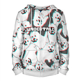 Мужская толстовка 3D на молнии с принтом Undertale (Надоедливый пёс). в городе Новоалтайск, 100% полиэстер | длина до линии бедра, манжеты и пояс оформлены мягкой тканевой резинкой, двухслойный капюшон со шнурком для регулировки, спереди молния, по бокам два кармана | 3d | glitch | pixel | undertale | андертейл | без глаз | глитч | игра | надоедливая собака | надоедливый пес | надпись | пиксель | пикселя | подземная история | текстура