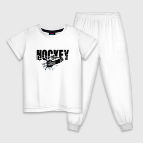 Детская пижама хлопок с принтом Hockey в городе Новоалтайск, 100% хлопок |  брюки и футболка прямого кроя, без карманов, на брюках мягкая резинка на поясе и по низу штанин
 | бросок | вратарь | канада | клюшка | лед | надпись | нападающий | россия | спорт | удар | хоккеист | хоккей | шайба | я люблю хоккей