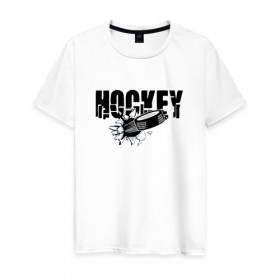 Мужская футболка хлопок с принтом Hockey в городе Новоалтайск, 100% хлопок | прямой крой, круглый вырез горловины, длина до линии бедер, слегка спущенное плечо. | Тематика изображения на принте: бросок | вратарь | канада | клюшка | лед | надпись | нападающий | россия | спорт | удар | хоккеист | хоккей | шайба | я люблю хоккей