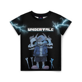 Детская футболка 3D с принтом Undertale. в городе Новоалтайск, 100% гипоаллергенный полиэфир | прямой крой, круглый вырез горловины, длина до линии бедер, чуть спущенное плечо, ткань немного тянется | 3d | hp | pixel | sans | undertale | абстракция | андертейл | геометрия | гроза | игра | кости | молния | надпись | пиксель | пикселя | подземная история | текстура