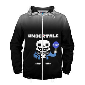 Мужская ветровка 3D с принтом Undertale STOP. в городе Новоалтайск, 100% полиэстер | подол и капюшон оформлены резинкой с фиксаторами, два кармана без застежек по бокам, один потайной карман на груди | Тематика изображения на принте: 3d | pixel | sans | stop | undertale | абстракция | алфавит | андертейл | буквы | геометрия | знак | игра | надпись | пиксель | пикселя | подземная история | текстура
