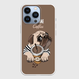 Чехол для iPhone 13 Pro с принтом It s time for coffee в городе Новоалтайск,  |  | Тематика изображения на принте: attractive face | breed | chocolate | coffee | cream | cute | dog | glance | motto | paws | pug | slogan | text | взгляд | девиз | кофе | кремовый | лапы | милый | мопс | пёс | порода | слоган | собака | текст | шоколадный