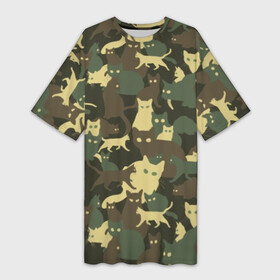 Платье-футболка 3D с принтом Кошачий камуфляж в городе Новоалтайск,  |  | animal | camouflage | cat | funny | green | khaki | marsh | silhouette | болотный | животное | забавный | зеленый | камуфляж | кот | котик | силуэт | хаки