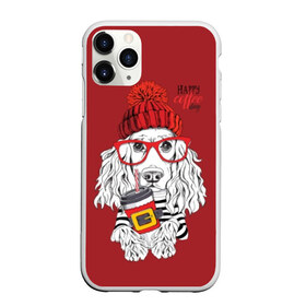 Чехол для iPhone 11 Pro матовый с принтом Happy coffee day в городе Новоалтайск, Силикон |  | animal | breed | coffee | coffee lover | dog | hat | red | slogan | spaniel | text | white | белый | животное | кофе | кофеман | красный | очки | порода | слоган | собака | спаниель | текст | шапка