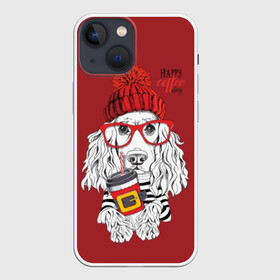 Чехол для iPhone 13 mini с принтом Happy coffee day в городе Новоалтайск,  |  | Тематика изображения на принте: animal | breed | coffee | coffee lover | dog | hat | red | slogan | spaniel | text | white | белый | животное | кофе | кофеман | красный | очки | порода | слоган | собака | спаниель | текст | шапка