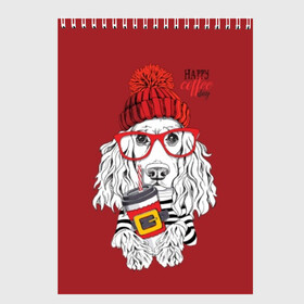 Скетчбук с принтом Happy coffee day в городе Новоалтайск, 100% бумага
 | 48 листов, плотность листов — 100 г/м2, плотность картонной обложки — 250 г/м2. Листы скреплены сверху удобной пружинной спиралью | Тематика изображения на принте: animal | breed | coffee | coffee lover | dog | hat | red | slogan | spaniel | text | white | белый | животное | кофе | кофеман | красный | очки | порода | слоган | собака | спаниель | текст | шапка