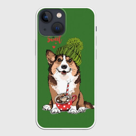 Чехол для iPhone 13 mini с принтом Love is sweet в городе Новоалтайск,  |  | animal | breed | brown | corgi | cute | dog | funny | green | hat | heart | slogan | text | white | белый | животное | забавный | зеленый | корги | коричневый | милый | пёс | порода | сердце | слоган | собака | текст | шапка