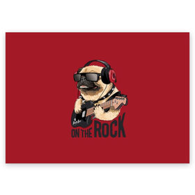 Поздравительная открытка с принтом On the rock в городе Новоалтайск, 100% бумага | плотность бумаги 280 г/м2, матовая, на обратной стороне линовка и место для марки
 | animal | black | breed | cool | dog | guitar | headphones | motto | music | pug | red | rock | rock star | slogan | text | гитара | девиз | животное | красный | крутой | мопс | музыка | наушники | очки | порода | рок | рок звезда | слоган | соба