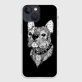 Чехол для iPhone 13 mini с принтом Бульдог в городе Новоалтайск,  |  | animal | black | bone | breed | bulldog | collar | dog | drawing | ethnic | eyes | look | muzzle | pattern | white | zendudl | белый | бульдог | взгляд | глаза | животное | зендудл | кость | ошейник | пёс | порода | рисунок | собака | узор | черны
