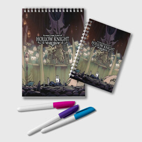 Блокнот с принтом HOLLOW KNIGHT в городе Новоалтайск, 100% бумага | 48 листов, плотность листов — 60 г/м2, плотность картонной обложки — 250 г/м2. Листы скреплены удобной пружинной спиралью. Цвет линий — светло-серый
 | Тематика изображения на принте: game | games | hallownest | hollow knight | безымянный рыцарь | бои | враги | заброшенное королевство | игра | исследование | компьютерная игра | насекомые | персонаж | поиск | приключения | секреты