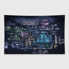 Флаг-баннер с принтом HOLLOW KNIGHT WORLD в городе Новоалтайск, 100% полиэстер | размер 67 х 109 см, плотность ткани — 95 г/м2; по краям флага есть четыре люверса для крепления | game | games | hallownest | hollow knight | безымянный рыцарь | бои | враги | заброшенное королевство | игра | исследование | компьютерная игра | насекомые | персонаж | поиск | приключения | секреты