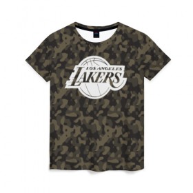 Женская футболка 3D с принтом Los Angeles Lakers Camo в городе Новоалтайск, 100% полиэфир ( синтетическое хлопкоподобное полотно) | прямой крой, круглый вырез горловины, длина до линии бедер | camo | lakers | los angeles lakers | nba | баскетбол | камуфляж | лос анджелес лейкерс | нба | спорт | хаки