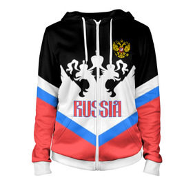 Женская толстовка 3D на молнии с принтом HOCKEY RUSSIA в городе Новоалтайск, 100% полиэстер | длина до линии бедра, манжеты и пояс оформлены мягкой тканевой резинкой, двухслойный капюшон со шнурком для регулировки, спереди молния, по бокам два кармана | hockey | russia | sport | герб | надписи | россия | сборная хоккея | символика | спорт | спортсмен | триколор | форма | хоккей | чемпионат | я русский