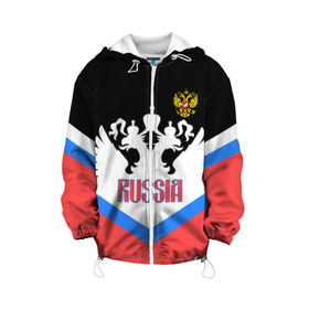 Детская куртка 3D с принтом HOCKEY RUSSIA в городе Новоалтайск, 100% полиэстер | застежка — молния, подол и капюшон оформлены резинкой с фиксаторами, по бокам — два кармана без застежек, один потайной карман на груди, плотность верхнего слоя — 90 г/м2; плотность флисового подклада — 260 г/м2 | Тематика изображения на принте: hockey | russia | sport | герб | надписи | россия | сборная хоккея | символика | спорт | спортсмен | триколор | форма | хоккей | чемпионат | я русский
