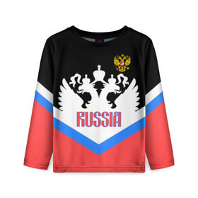 Детский лонгслив 3D с принтом HOCKEY RUSSIA в городе Новоалтайск, 100% полиэстер | длинные рукава, круглый вырез горловины, полуприлегающий силуэт
 | hockey | russia | sport | герб | надписи | россия | сборная хоккея | символика | спорт | спортсмен | триколор | форма | хоккей | чемпионат | я русский