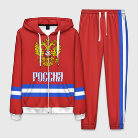 Мужской костюм 3D с принтом ХОККЕЙ РОССИЯ в городе Новоалтайск, 100% полиэстер | Манжеты и пояс оформлены тканевой резинкой, двухслойный капюшон со шнурком для регулировки, карманы спереди | hockey | russia | sport | герб | надписи | россия | сборная хоккея | символика | спорт | спортсмен | форма | хоккей | чемпионат | я русский