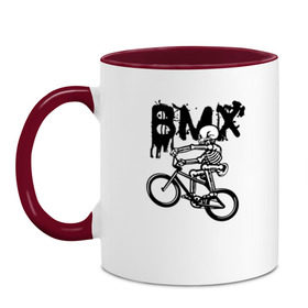 Кружка двухцветная с принтом BMX в городе Новоалтайск, керамика | объем — 330 мл, диаметр — 80 мм. Цветная ручка и кайма сверху, в некоторых цветах — вся внутренняя часть | bike | bmx | bones | extreme | skeleton | skull | sport | велосипед | скелет | спорт | череп | экстрим