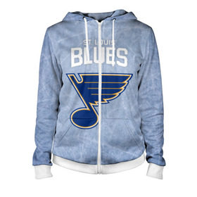 Женская толстовка 3D на молнии с принтом St. Louis Blues в городе Новоалтайск, 100% полиэстер | длина до линии бедра, манжеты и пояс оформлены мягкой тканевой резинкой, двухслойный капюшон со шнурком для регулировки, спереди молния, по бокам два кармана | 