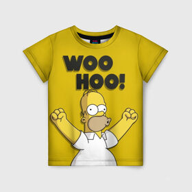 Детская футболка 3D с принтом HOMER - WOO HOO! в городе Новоалтайск, 100% гипоаллергенный полиэфир | прямой крой, круглый вырез горловины, длина до линии бедер, чуть спущенное плечо, ткань немного тянется | bart | homer | lisa | the simpsons | барт | гомер | лиза | мэгги | симпсоны