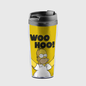 Термокружка-непроливайка с принтом HOMER - WOO HOO! в городе Новоалтайск, внутренняя часть — пищевой пластик, наружная часть — прозрачный пластик, между ними — полиграфическая вставка с рисунком | объем — 350 мл, герметичная крышка | bart | homer | lisa | the simpsons | барт | гомер | лиза | мэгги | симпсоны