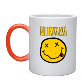 Кружка хамелеон с принтом NIRVANA в городе Новоалтайск, керамика | меняет цвет при нагревании, емкость 330 мл | music | nirvana | rip smile | rock | smile | группа | курт кобейн | музыка | нирвана | рок | смайл