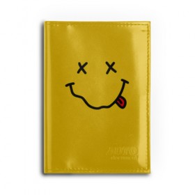 Обложка для автодокументов с принтом NIRVANA SMILE в городе Новоалтайск, натуральная кожа |  размер 19,9*13 см; внутри 4 больших “конверта” для документов и один маленький отдел — туда идеально встанут права | Тематика изображения на принте: music | nirvana | rip smile | rock | smile | группа | курт кобейн | музыка | нирвана | рок | смайл