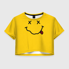 Женская футболка Cropp-top с принтом NIRVANA SMILE в городе Новоалтайск, 100% полиэстер | круглая горловина, длина футболки до линии талии, рукава с отворотами | music | nirvana | rip smile | rock | smile | группа | курт кобейн | музыка | нирвана | рок | смайл