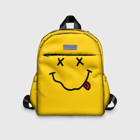 Детский рюкзак 3D с принтом NIRVANA SMILE в городе Новоалтайск, 100% полиэстер | лямки с регулируемой длиной, сверху петелька, чтобы рюкзак можно было повесить на вешалку. Основное отделение закрывается на молнию, как и внешний карман. Внутри дополнительный карман. По бокам два дополнительных кармашка | Тематика изображения на принте: music | nirvana | rip smile | rock | smile | группа | курт кобейн | музыка | нирвана | рок | смайл