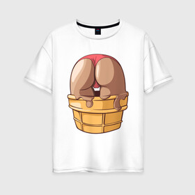 Женская футболка хлопок Oversize с принтом Eat me в городе Новоалтайск, 100% хлопок | свободный крой, круглый ворот, спущенный рукав, длина до линии бедер
 | eat me | арт | жара | лето | мода | мороженое | плавки | психоделика | стаканчик | стринги | съешь меня