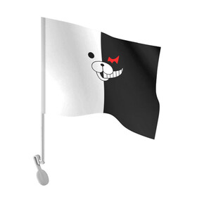 Флаг для автомобиля с принтом MONOKUMA (КАПЮШОН) | МОНОКУМА в городе Новоалтайск, 100% полиэстер | Размер: 30*21 см | anime | bear | black  white | danganronpa | kurokuma | monodam | monokuma | monomi | monotaro | pink | rabbit | school | shirokuma | аниме | главарь | мoноми | монокума | черно белый | школа