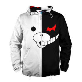 Мужская ветровка 3D с принтом MONOKUMA (КАПЮШОН) в городе Новоалтайск, 100% полиэстер | подол и капюшон оформлены резинкой с фиксаторами, два кармана без застежек по бокам, один потайной карман на груди | Тематика изображения на принте: anime | bear | black  white | danganronpa | kurokuma | monodam | monokuma | monomi | monotaro | pink | rabbit | school | shirokuma | аниме | главарь | мoноми | монокума | черно белый | школа