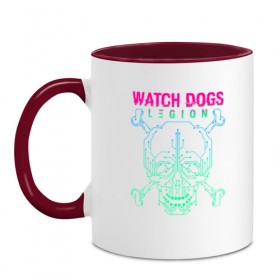 Кружка двухцветная с принтом WATCH DOGS LEGION в городе Новоалтайск, керамика | объем — 330 мл, диаметр — 80 мм. Цветная ручка и кайма сверху, в некоторых цветах — вся внутренняя часть | action | ct os | ded sec | fox | game | hacker | legion | watch dogs | watch dogs 2 | watch dogs legion | знак лиса | игра | компьютерная игра | легион | хакер