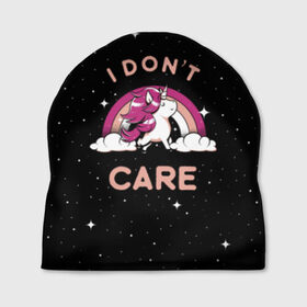 Шапка 3D с принтом Unicorn. I Dont Care в городе Новоалтайск, 100% полиэстер | универсальный размер, печать по всей поверхности изделия | care | fantasy | horn | horse | magic | night | rainbow | star | stars | unicorn | волнует | единорог | звезда | звезды | инрог | конь | лошадь | магия | меня | ночь | радуга | рог | фантастика | фентези