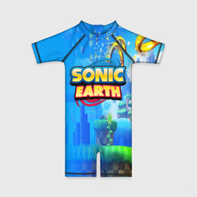 Детский купальный костюм 3D с принтом SONIC EARTH в городе Новоалтайск, Полиэстер 85%, Спандекс 15% | застежка на молнии на спине | hedgehog | metal sonic | silver | silver the hedgehog | sonic | sonic boom | sonic the hedgehog | ёж сонник | игры | соник | фильмы