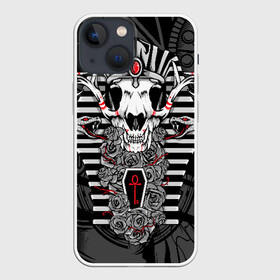 Чехол для iPhone 13 mini с принтом Anubis   dead god в городе Новоалтайск,  |  | anubis | dog | egypt | flowers | god | head | божество | голова | змеи | клыки | рога | собака | цветы
