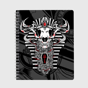 Тетрадь с принтом Anubis - dead god в городе Новоалтайск, 100% бумага | 48 листов, плотность листов — 60 г/м2, плотность картонной обложки — 250 г/м2. Листы скреплены сбоку удобной пружинной спиралью. Уголки страниц и обложки скругленные. Цвет линий — светло-серый
 | anubis | dog | egypt | flowers | god | head | божество | голова | змеи | клыки | рога | собака | цветы