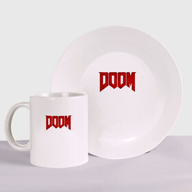 Набор: тарелка + кружка с принтом DOOM в городе Новоалтайск, керамика | Кружка: объем — 330 мл, диаметр — 80 мм. Принт наносится на бока кружки, можно сделать два разных изображения. 
Тарелка: диаметр - 210 мм, диаметр для нанесения принта - 120 мм. | Тематика изображения на принте: bethesda | dead | death | doom | doom eternal | game | games | metal | monster | ps4 | space | steam | xbox | дум | игра | космос | метал | меч | экшн