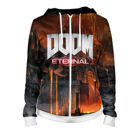Женская толстовка 3D на молнии с принтом DOOM Eternal в городе Новоалтайск, 100% полиэстер | длина до линии бедра, манжеты и пояс оформлены мягкой тканевой резинкой, двухслойный капюшон со шнурком для регулировки, спереди молния, по бокам два кармана | bethesda | dead | death | doom | doom eternal | game | games | metal | monster | ps4 | space | steam | xbox | дум | игра | космос | метал | меч | экшн