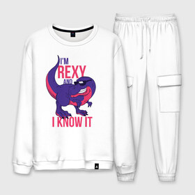 Мужской костюм хлопок с принтом Im Rexy and I Know It в городе Новоалтайск, 100% хлопок | на свитшоте круглая горловина, мягкая резинка по низу. Брюки заужены к низу, на них два вида карманов: два “обычных” по бокам и два объемных, с клапанами, расположенные ниже линии бедра. Брюки с мягкой трикотажной резинкой на поясе и по низу штанин. В поясе для дополнительного комфорта — широкие завязки | rex | trex | дино | динозавр | динозавры | надписи | надпись | рекс | юрский период