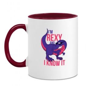 Кружка двухцветная с принтом Im Rexy and I Know It в городе Новоалтайск, керамика | объем — 330 мл, диаметр — 80 мм. Цветная ручка и кайма сверху, в некоторых цветах — вся внутренняя часть | Тематика изображения на принте: rex | trex | дино | динозавр | динозавры | надписи | надпись | рекс | юрский период
